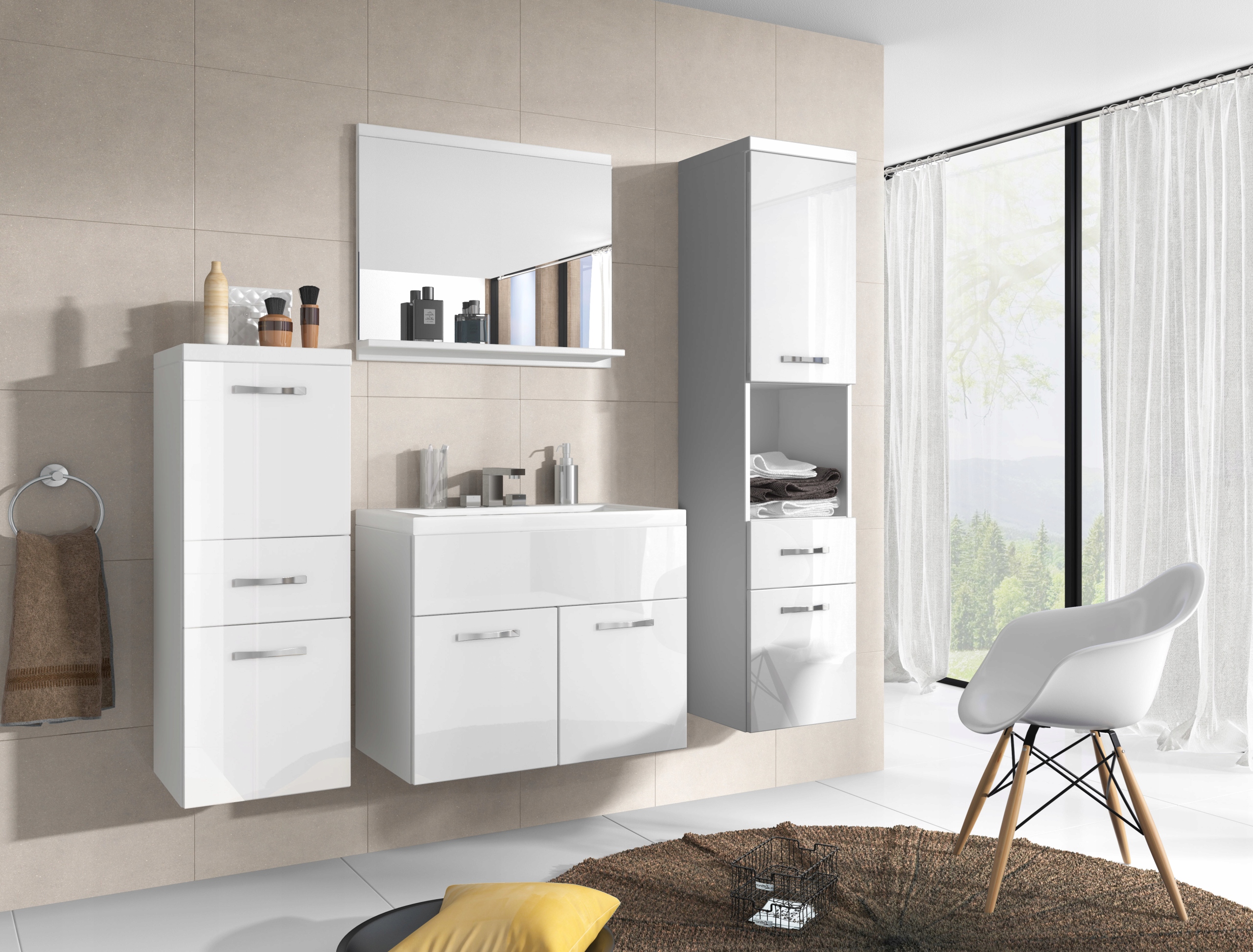 Závěsná koupelnová sada s umyvadlem a zrcadlem a sloupky, bílá