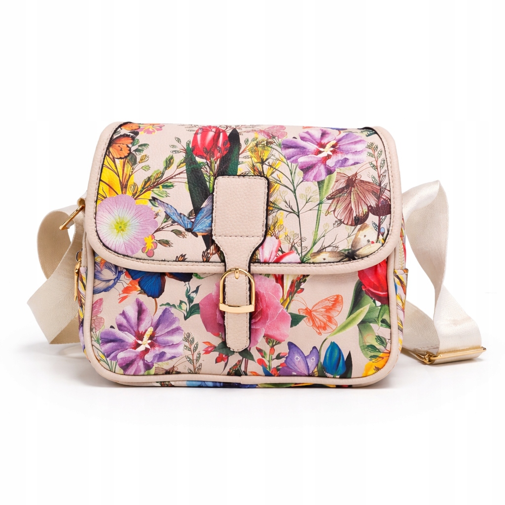 Torebka Damska Listonoszka Kwiaty Motyle Kolorowa Beżowa Pasek Regulowany