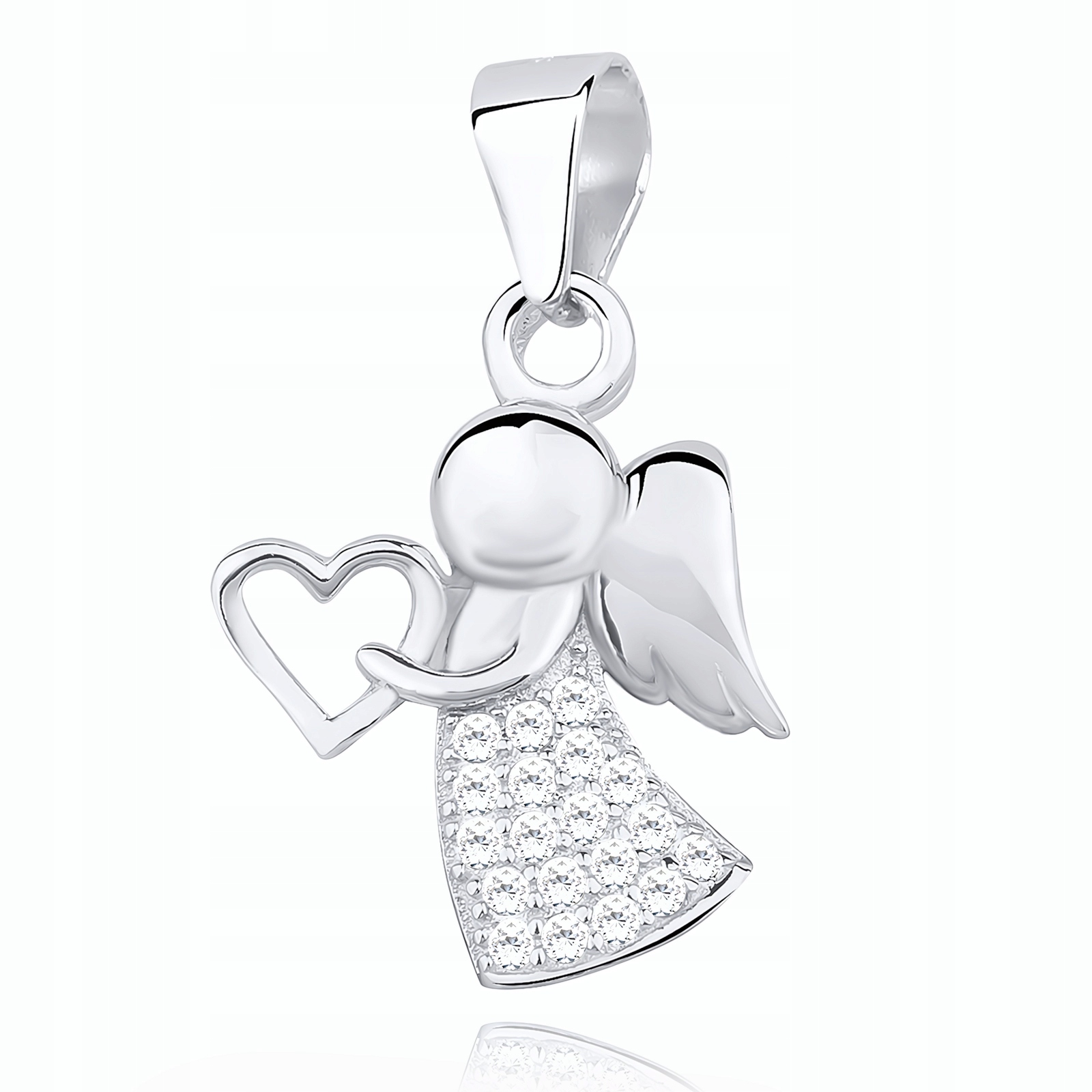 Delikatny Rodowany Srebrny Wisiorek Anioł Aniołek Z Sercem Białe Cyrkonie