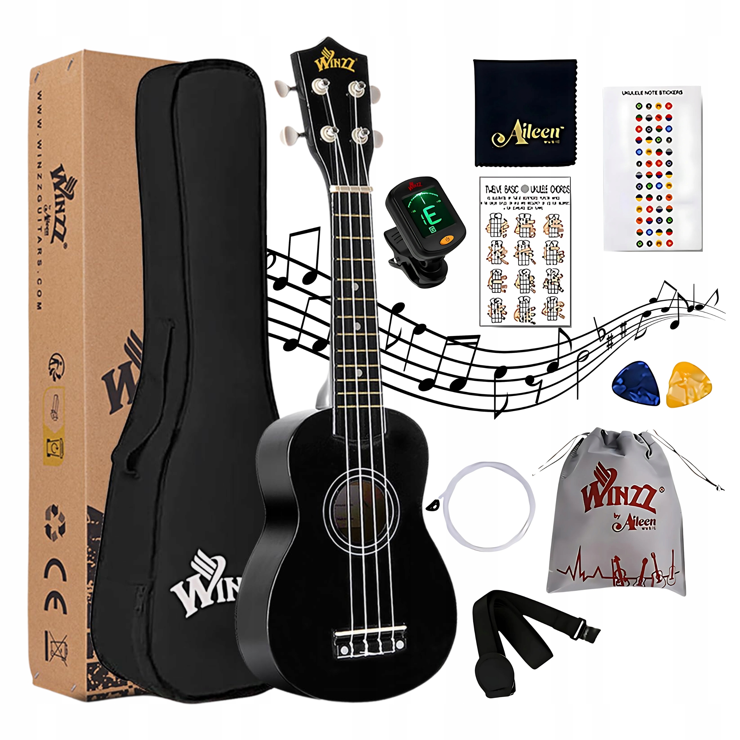 Winzz Černé sopránové ukulele startovací sada pro začátečníky, pouzdro