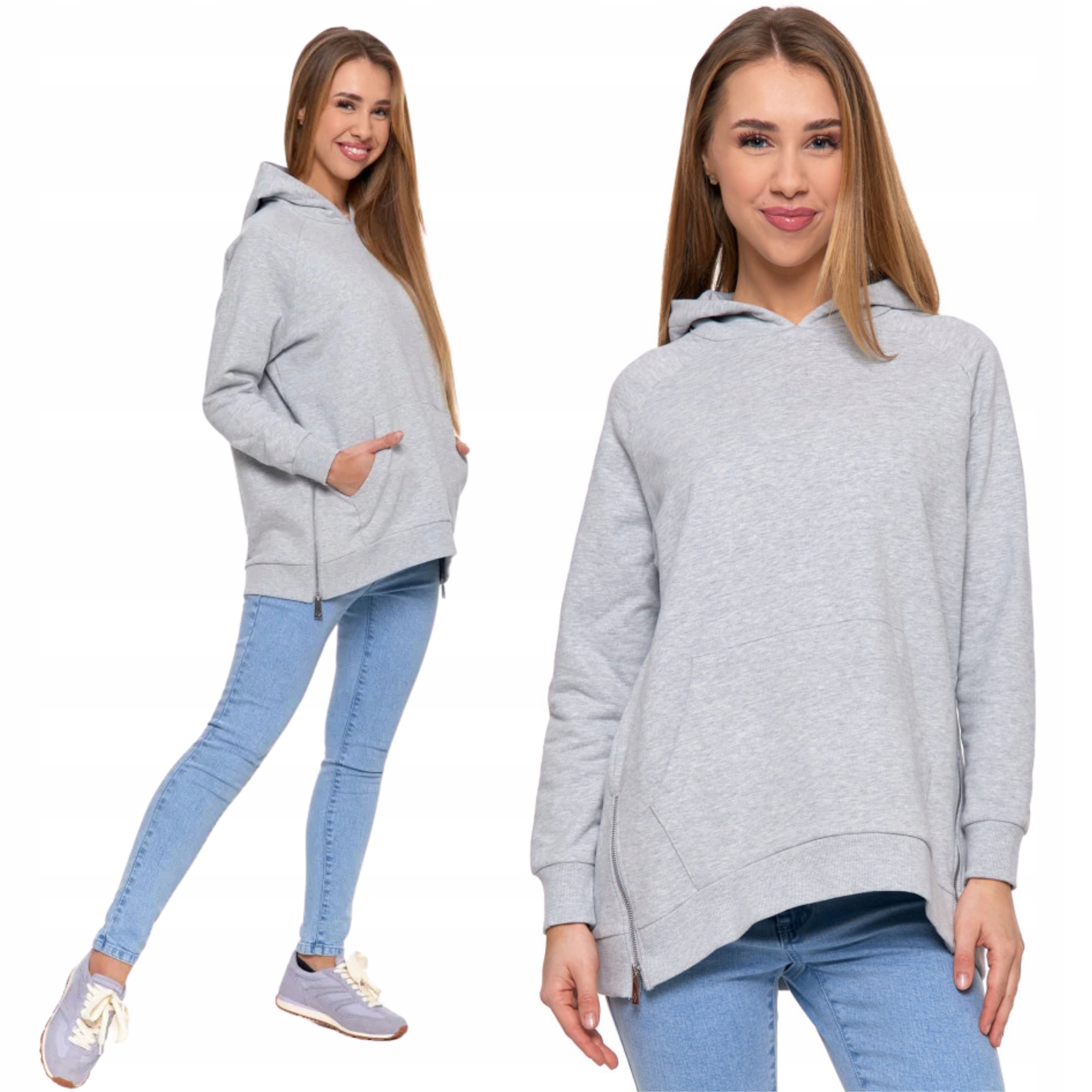 Oversize Mikina S Kapucí Moraj Bavlněné Zipy Šedá M