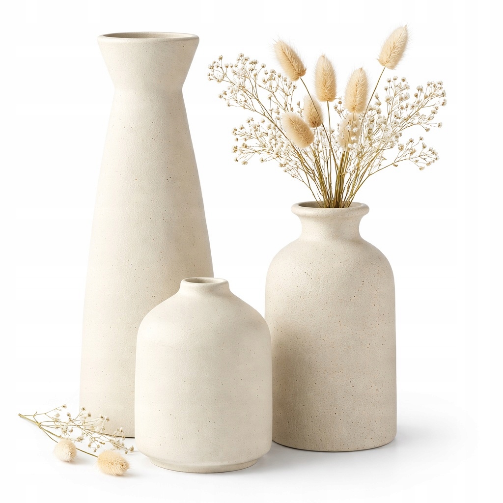Zestaw 3 Wazonów Ceramicznych Beżowych Boho Skandynawski Wazon Dekoracyjny