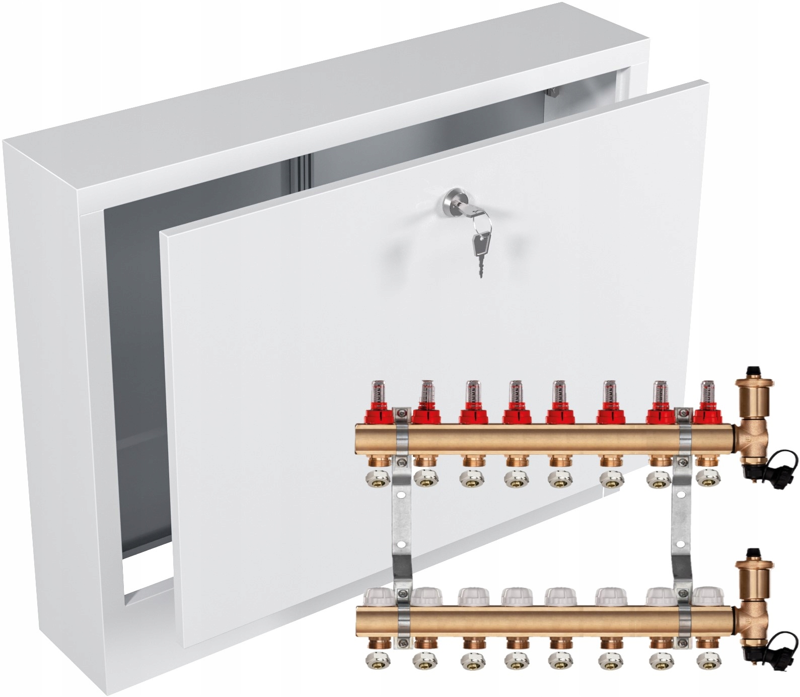 Rozdělovač pro podlahové vytápění 8 Pex Spojky Nástěnná Skříňka