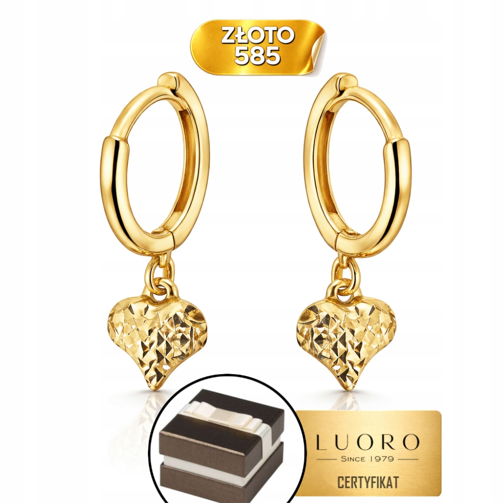 Náušnice Zlaté 585 14K Kroužky S Diamantovým Srdcem Kreol 21 MM