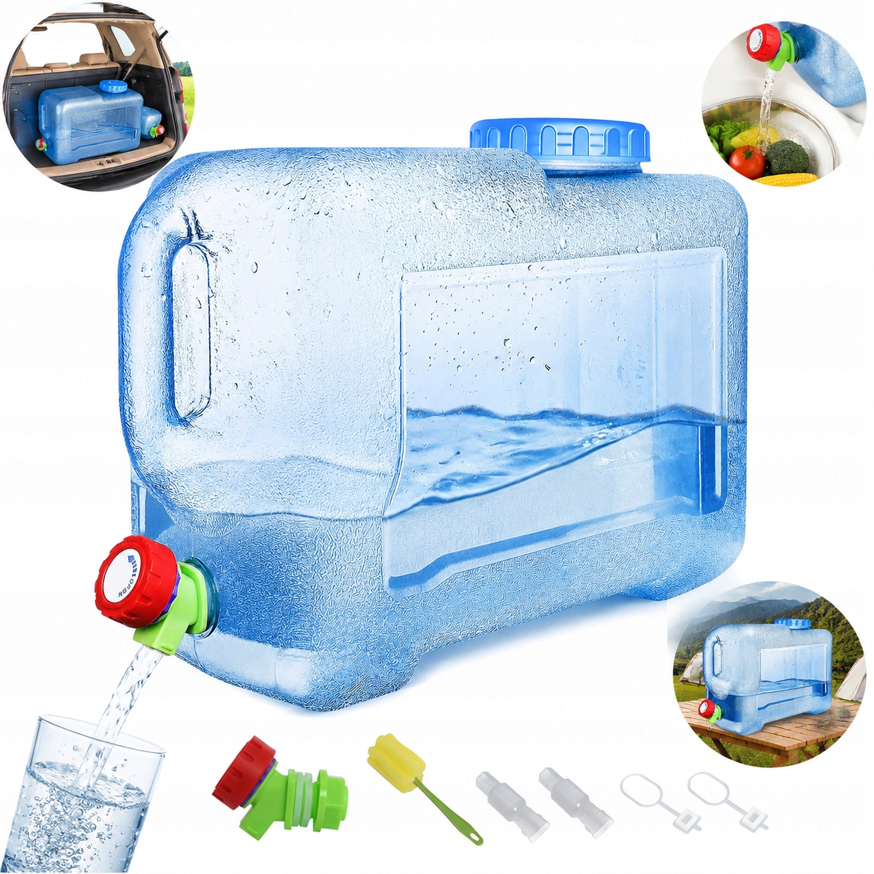 Plastikowy zbiornik wody campingowy z rurką i szczotką czyszczącą