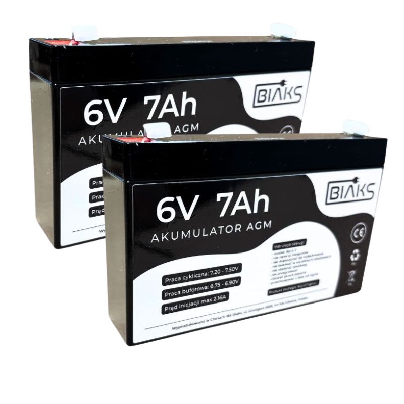 2x Akumulator Agm 6V 7Ah Biaks (wymiar 7.2Ah 10AH smukły) do alarm Ups Cctv