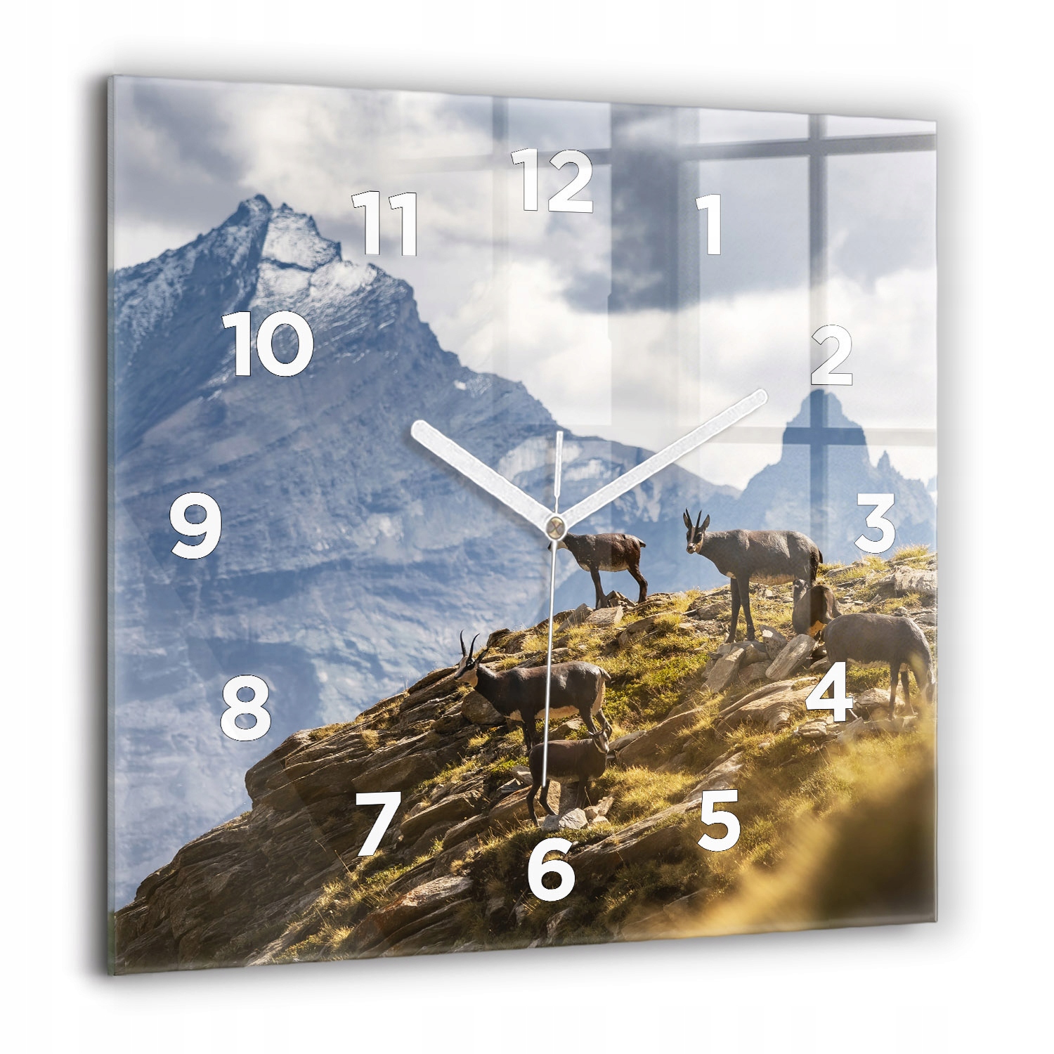 Moderní skleněný čtvercový nástěnný hodinový stroj Koza v údolí Aosta 60x60 cm