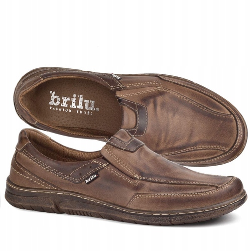 Brilu Polskie Skórzane Wkładane Półbuty Męskie Rodrigo Brązowe 43