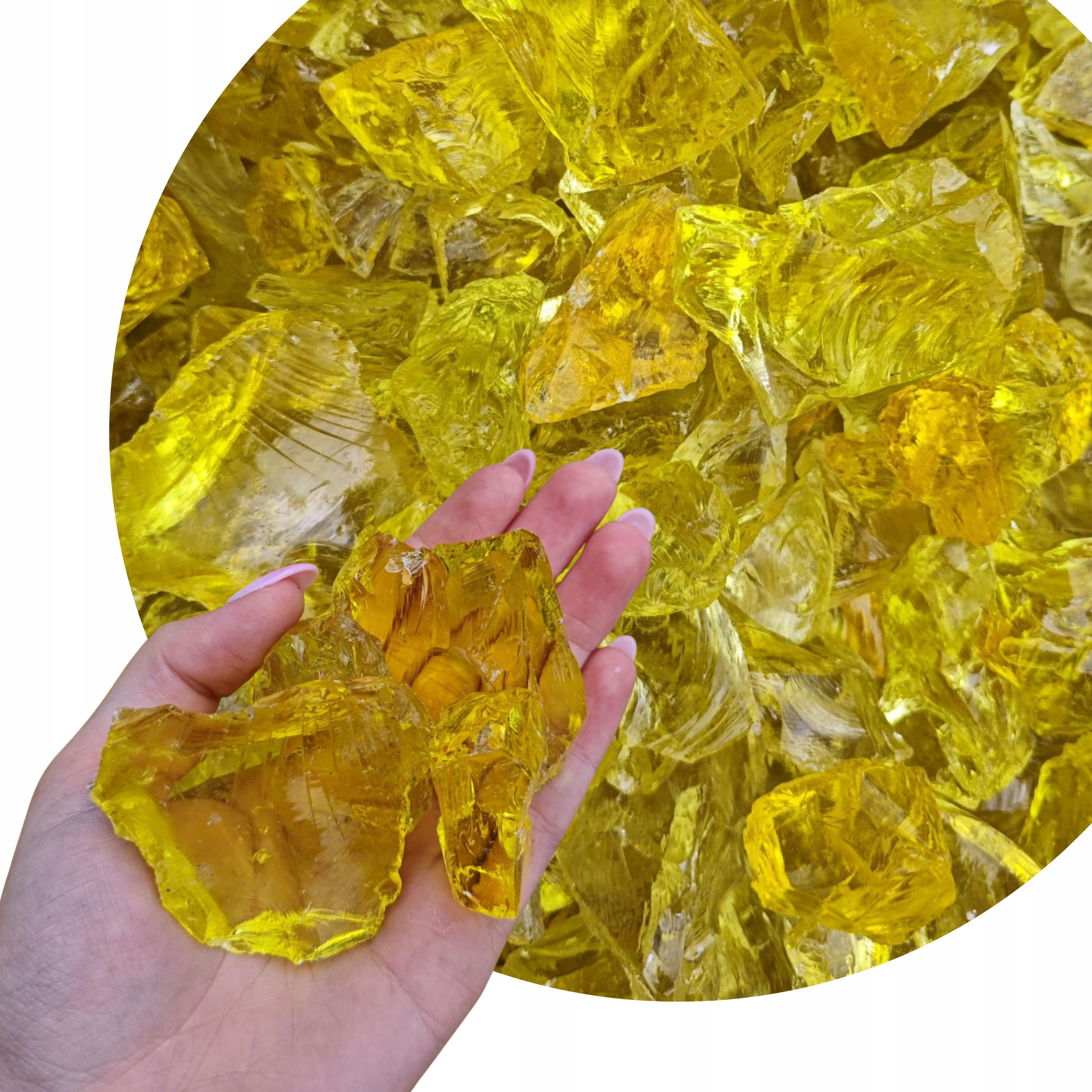 Grys Skleněný Zahradní Kámen Sklo Ozdobné Žluté 3-5CM Do Gabionů 10kg