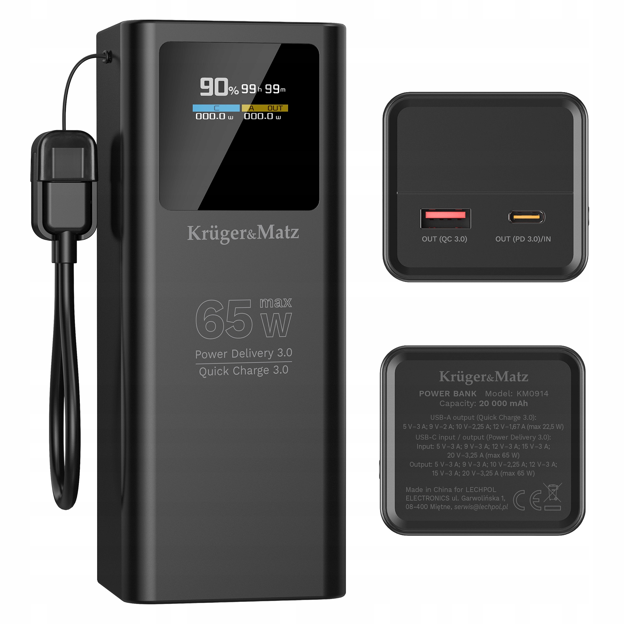 Kruger&Matz KM0914 Powerbanka 20000 mAh Li-ion 65W, Quick Charge 3.0, černá