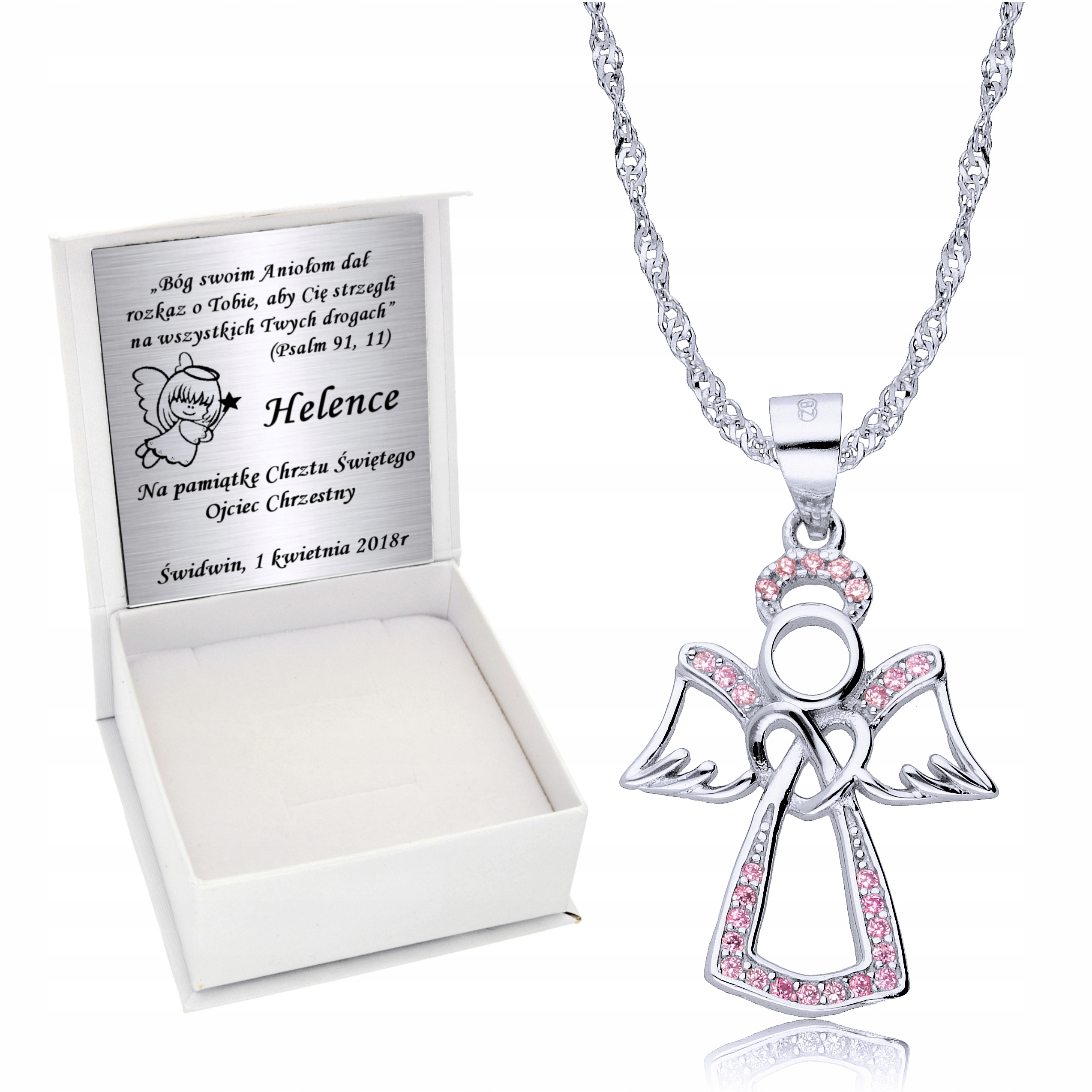 

Srebrny Łańcuszek 925 Medalik Aniołek Grawer