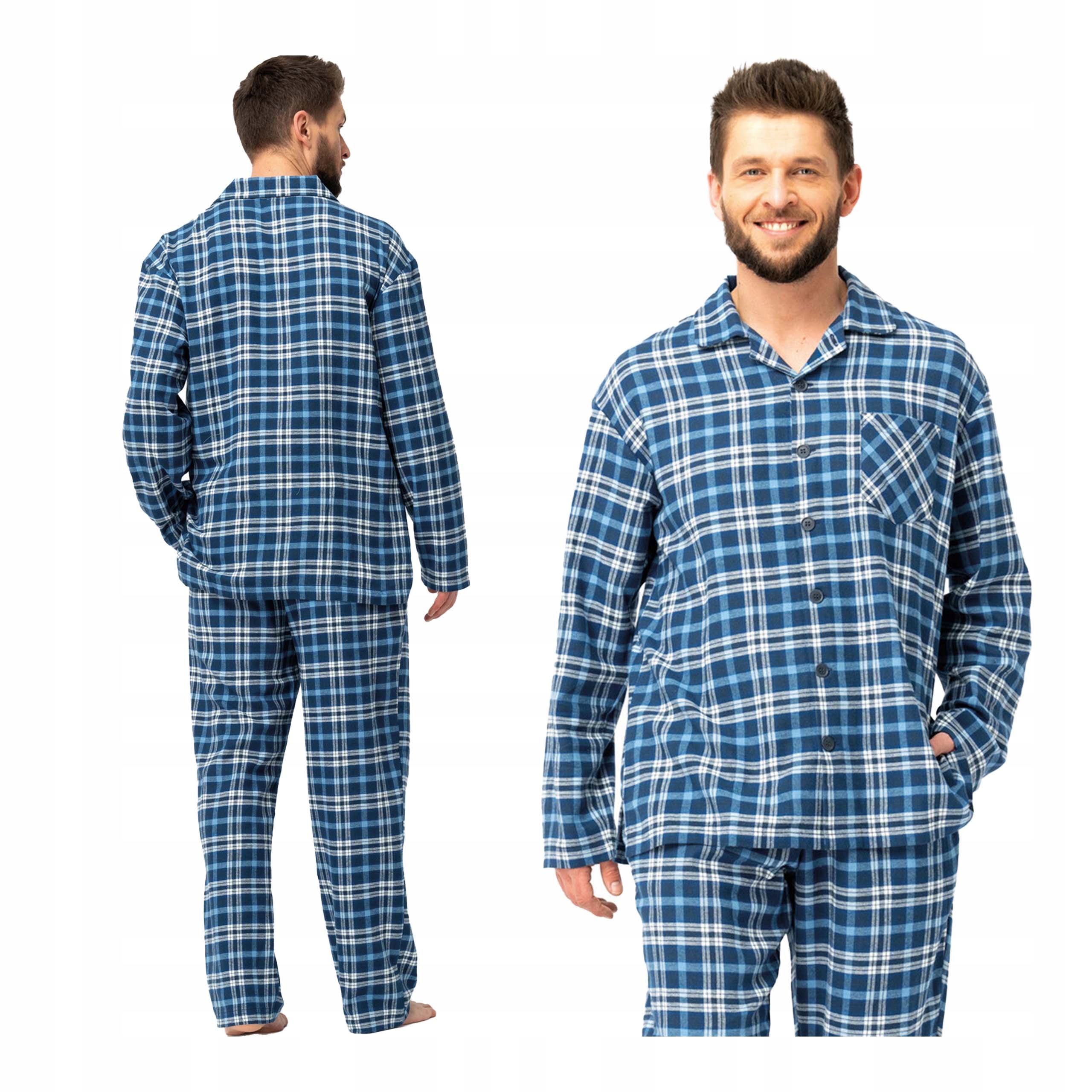 Pánské kostkované pyžamo z flanelu, modré, dlouhý rukáv, kalhoty Key, velikost XL