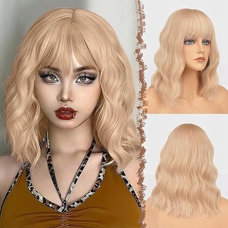 Paruka S Vlnitými Blond Syntetickými Vlasy Typu Bob S Ofinou 35 CM