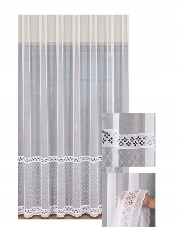 Záclona šířka 150x240 Bílá Dlouhá výšivka s řasící páskou na žabky Tunel