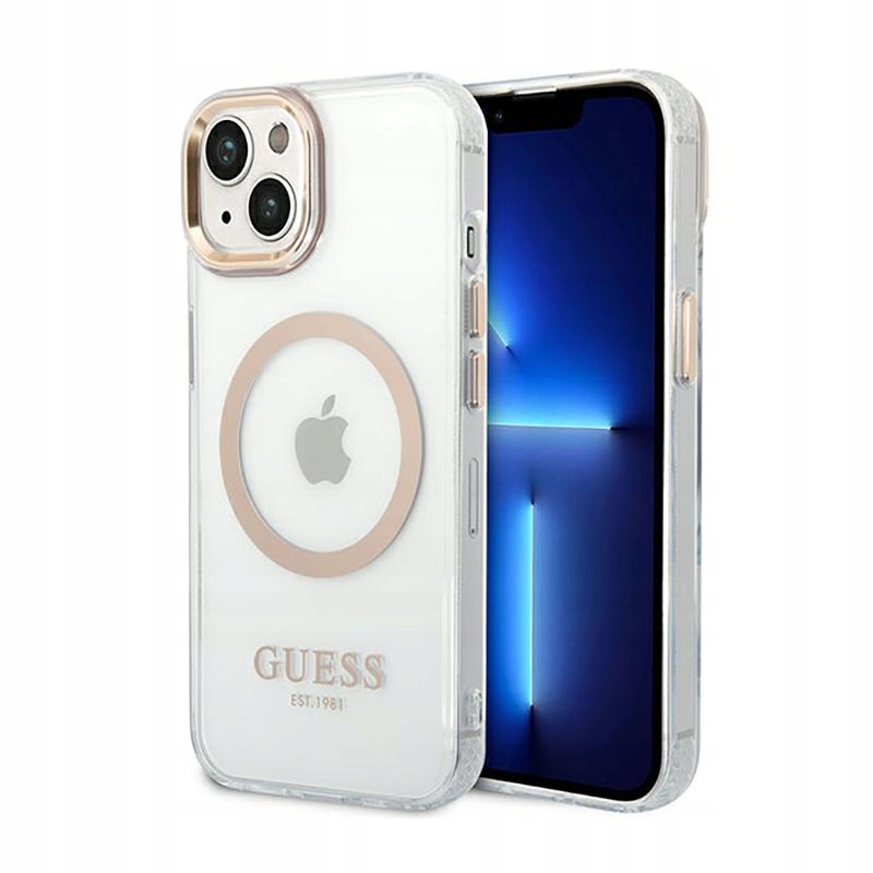 Guess Metal Outline Magsafe Pouzdro pro iPhone 14 Plus (průhledný zlaté)