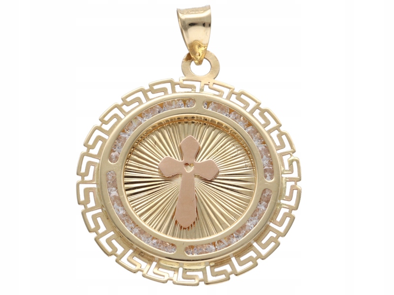 Zlatý medailonek kruh 585 Křest kříž v kruhu zirkony pro svaté přijímání přívěsek