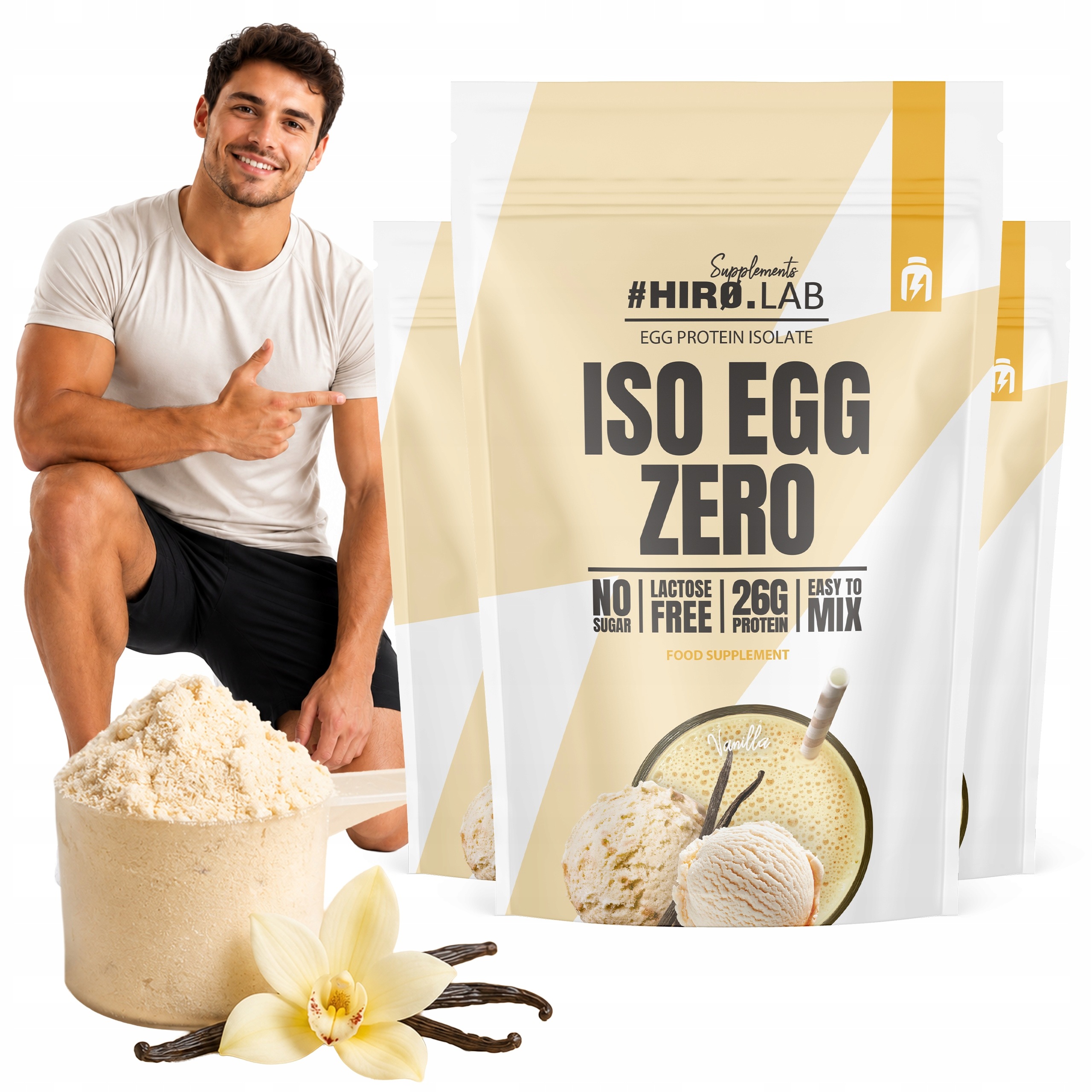 3x Vaječný protein Iso Egg Zero 500 g Bez laktózy Doplněk Stravy Vanilka Hiro.Lab