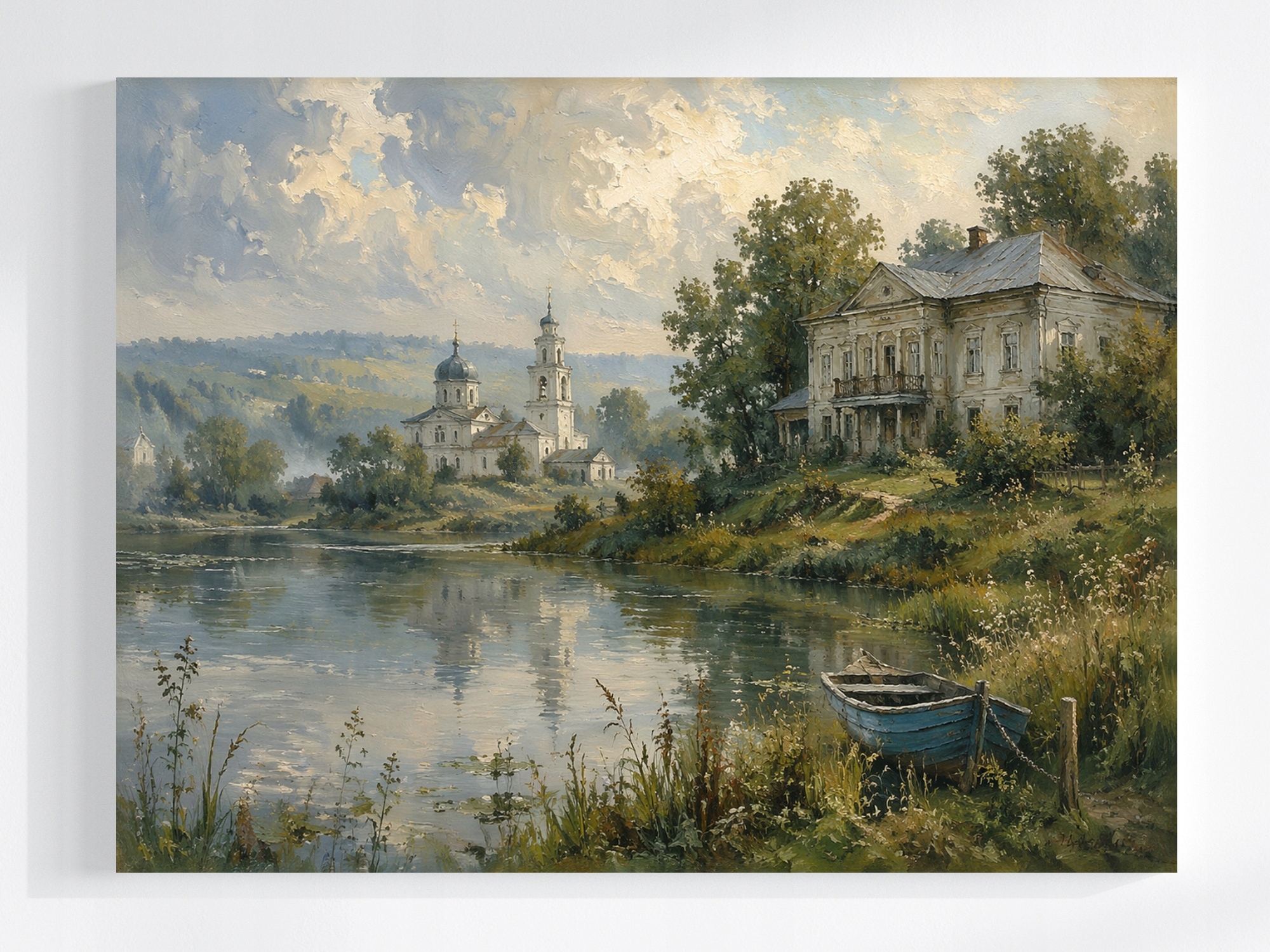 Obraz Na Plátně Canvas Krajina Léto Obec Řeka Dvůr Kostel Loďka 80x60