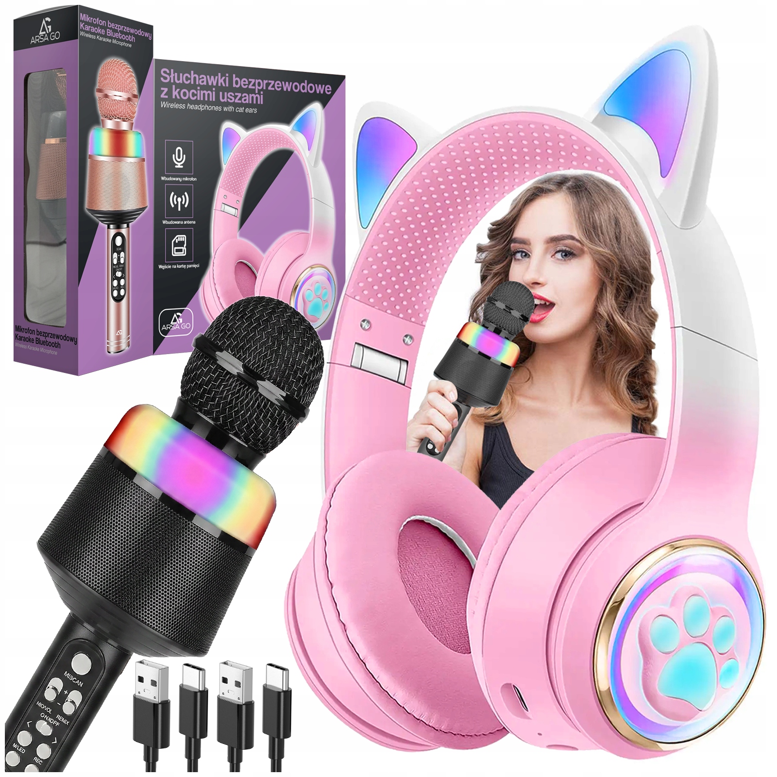 Zestaw Karaoke Premium Słuchawki Bezprzewodowe Led Rgb Kocie Uszy Mikrofon