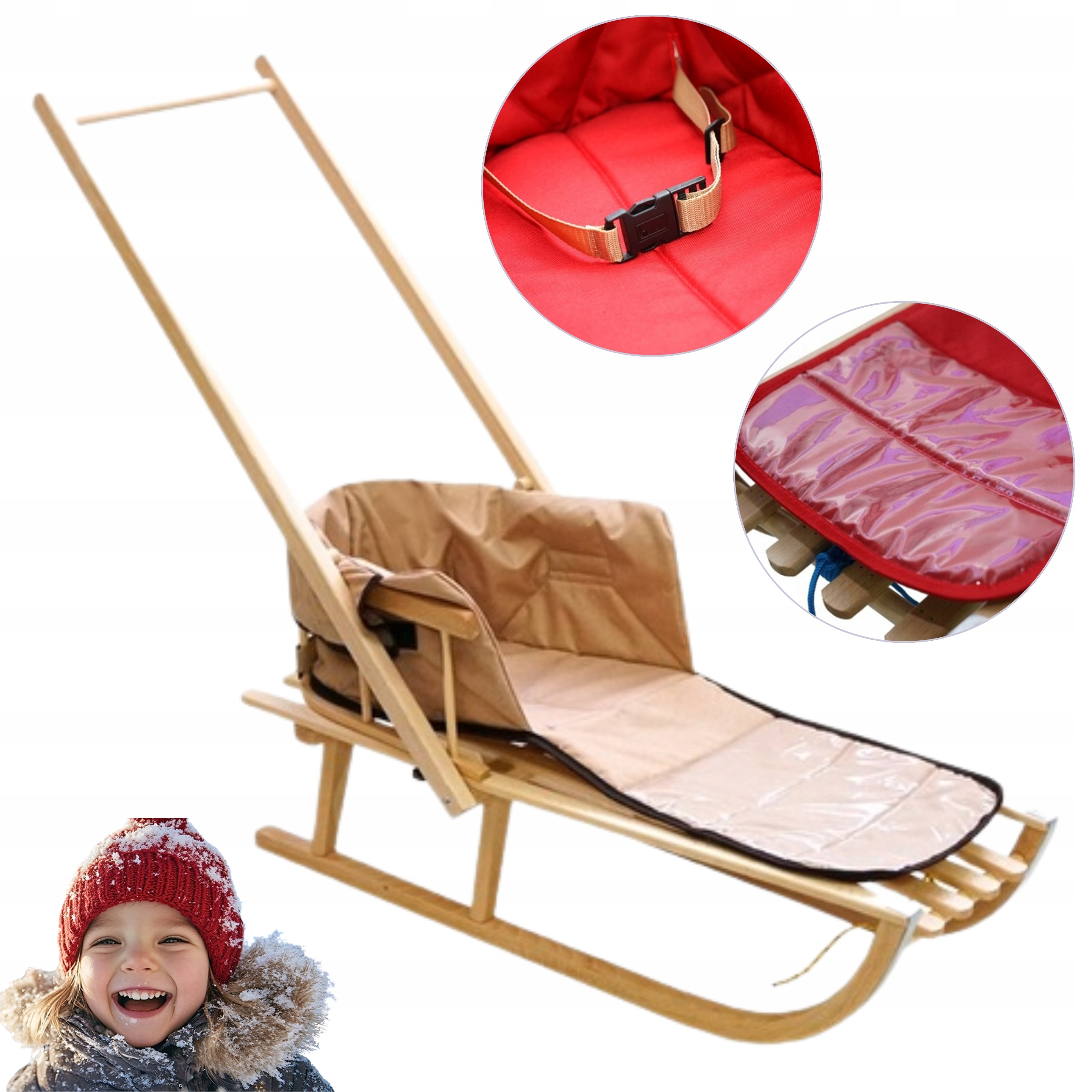 Sanki drewniane z oparciem i pchaczem dla dziecka Polskie Classic