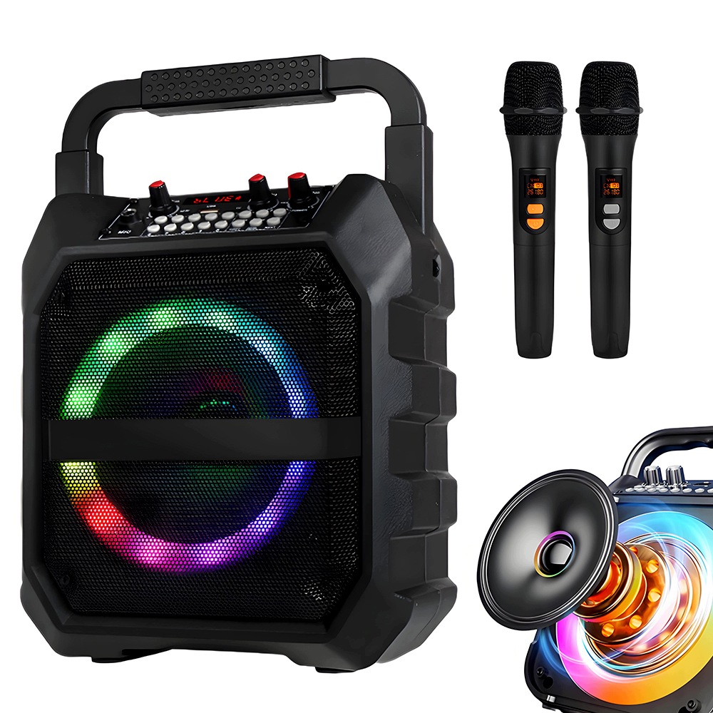 Přenosný bluetooth reproduktor Karaoke černý a 2x bezdrátový mikrofon