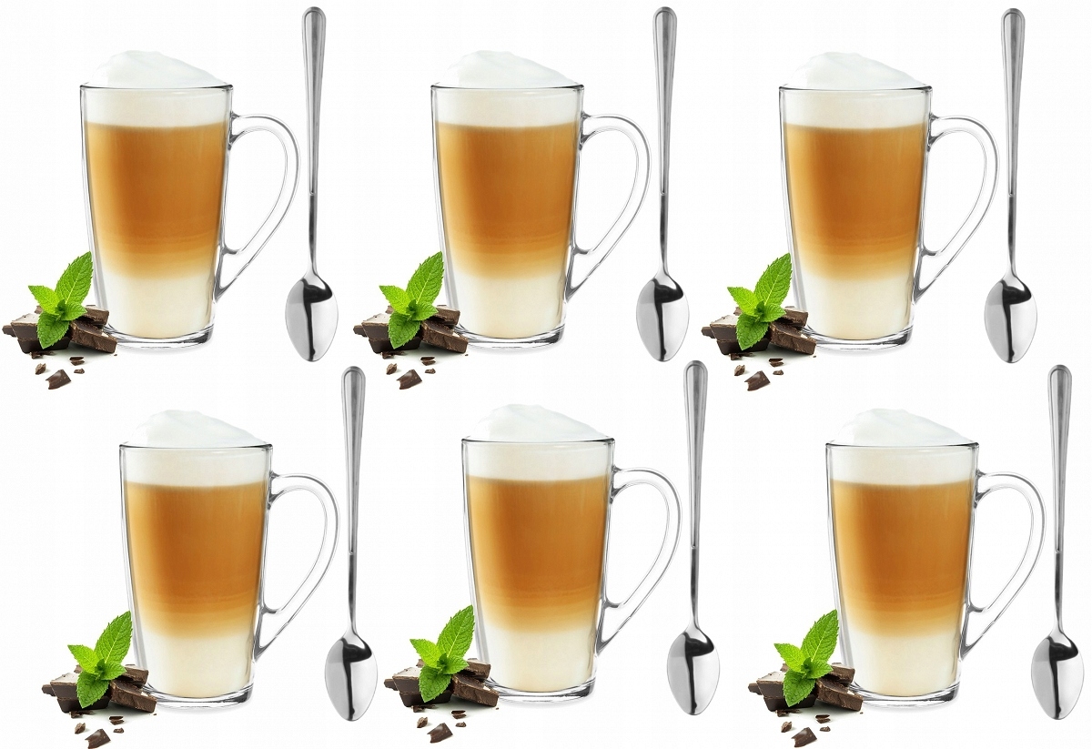 

Komplet 6x kubki Latte szklane Duże 400ml Łyżeczki