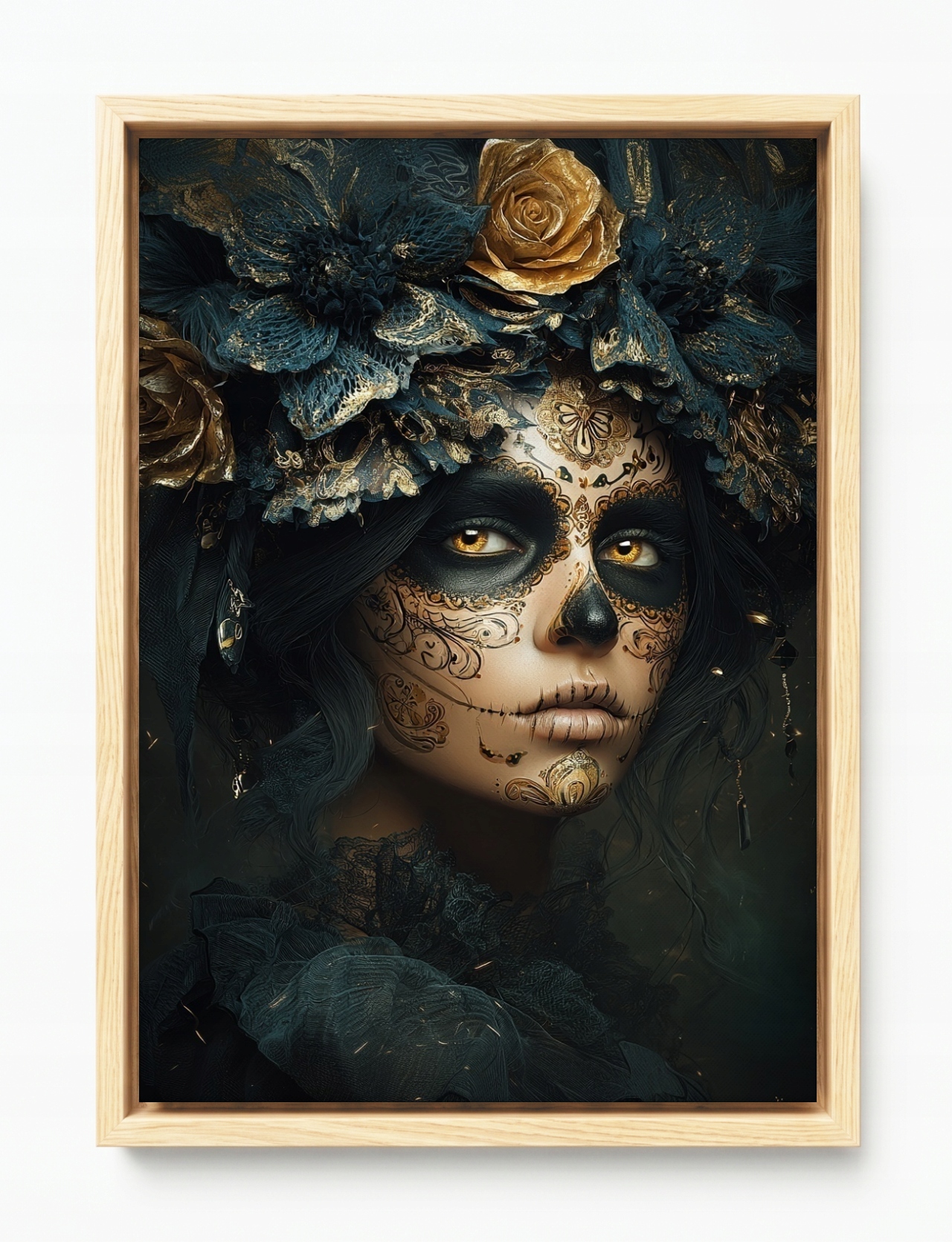 Obraz Rám Americký Box Dia De Los Muertos Catrina Zlaté Růže Art 40x60
