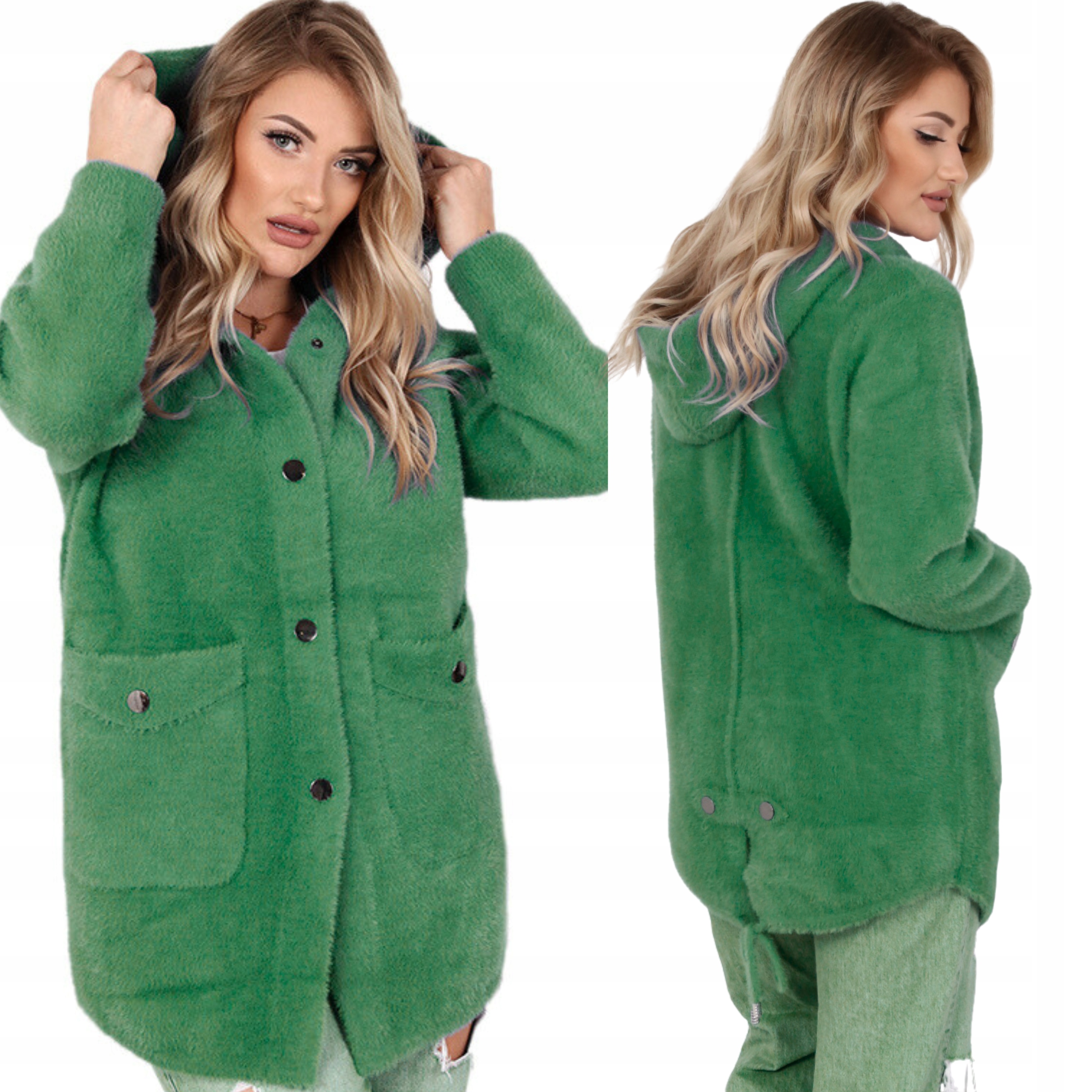 Kurtka Sweter Bluza Alpaka Damska Kobieca Kaptur Żywy Zielony 2180