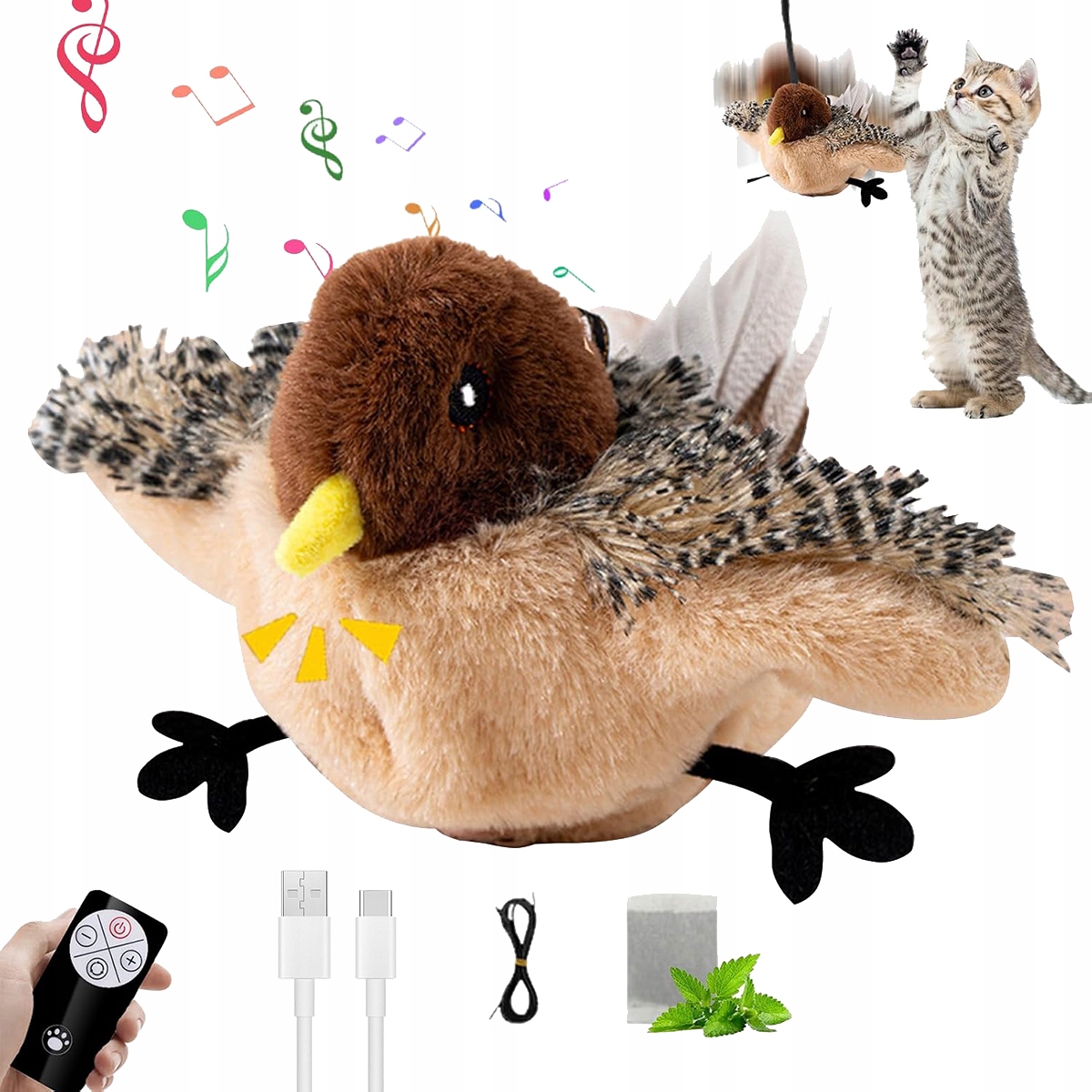 Levně Hračky pro kočky interaktivní plyšový ptáček Vrabec