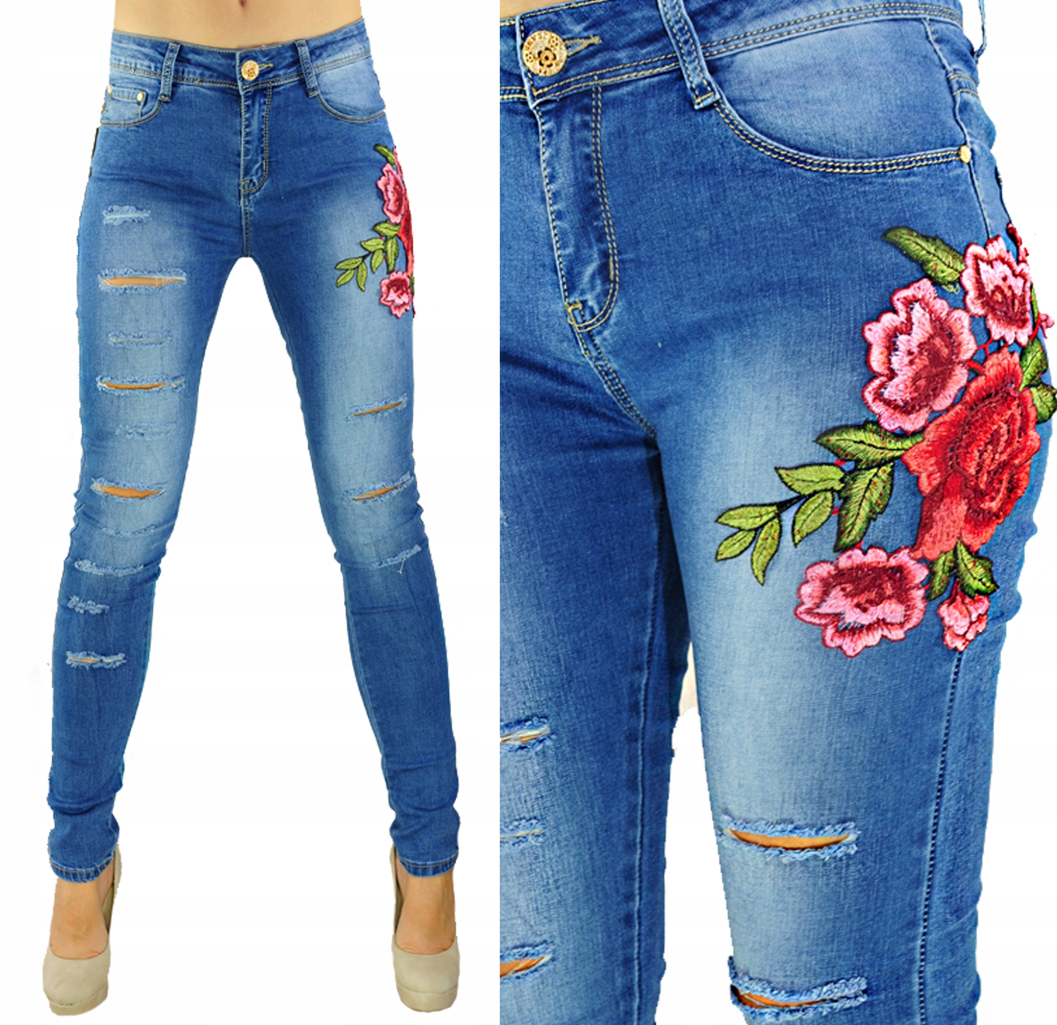 

Jeans Rurki Hafty Roses Strzępione dziury S