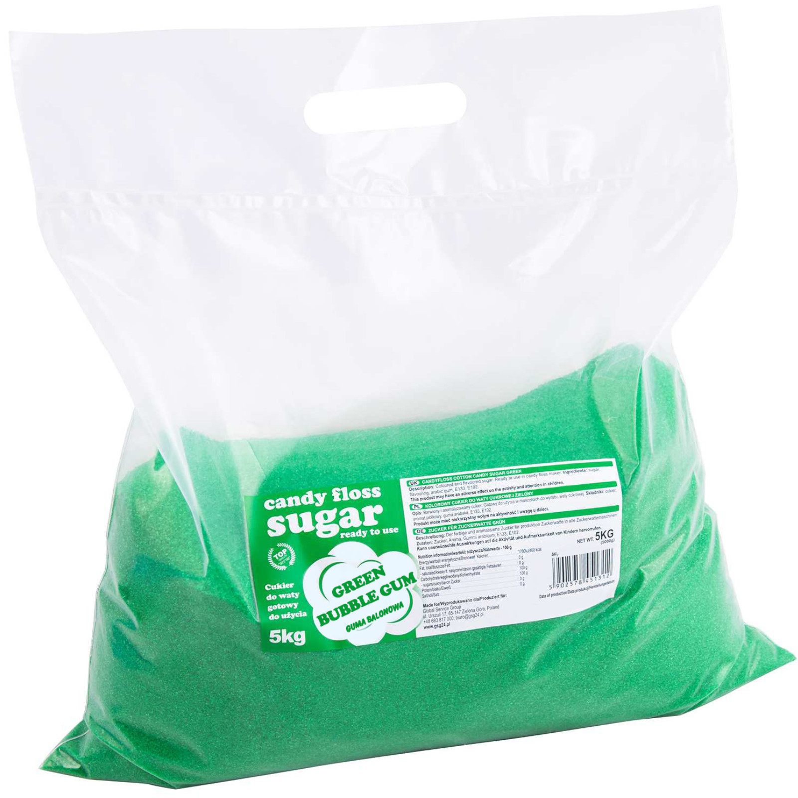 Barevný cukr na cukrovou vatu zelený s příchutí balónkové gumy 5 kg