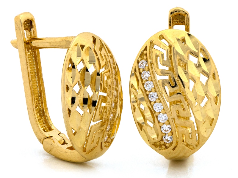 Zlaté náušnice 585, řecký motiv, bílé zirkony, pohodlné anglické zapínání