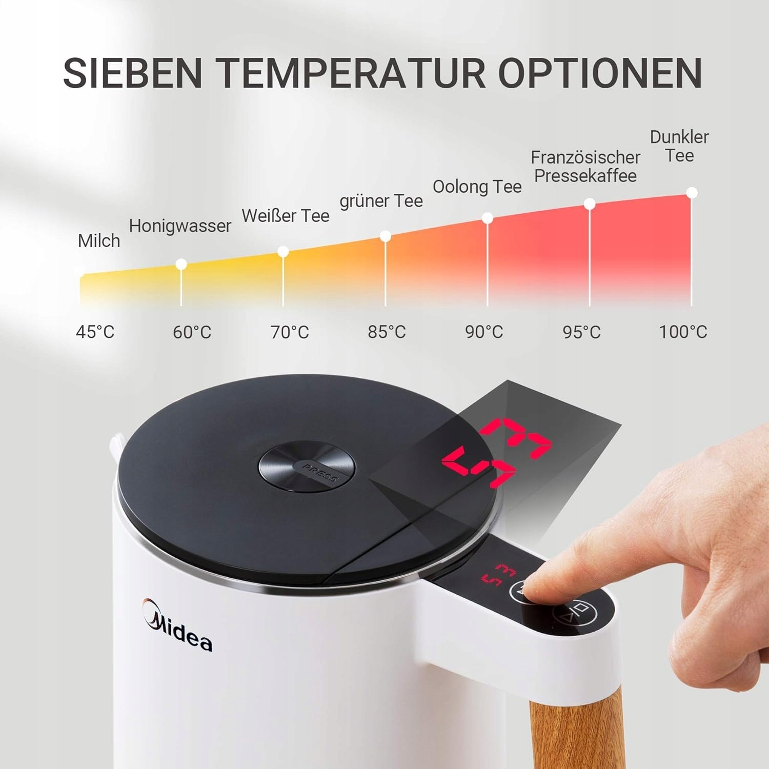MIDEA Czajnik Elektryczny Stalowy 1.5L 2200W Regulacja Temperatury BPA Free — miniatura 3