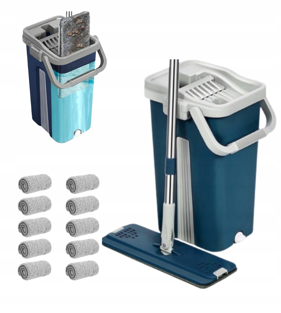 Levně Plochý Mop s dvoukomorovým kbelíkem, 10 utěrek z mikrovlákna, modrý, 40 cm