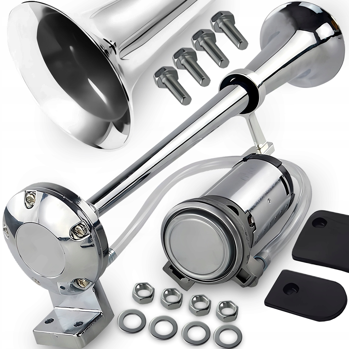 KLAKSON SAMOCHODOWY Z KOMPRESOREM POJEDYNCZY 12V TRĄBKA FANFARA JEDNOTONOWY