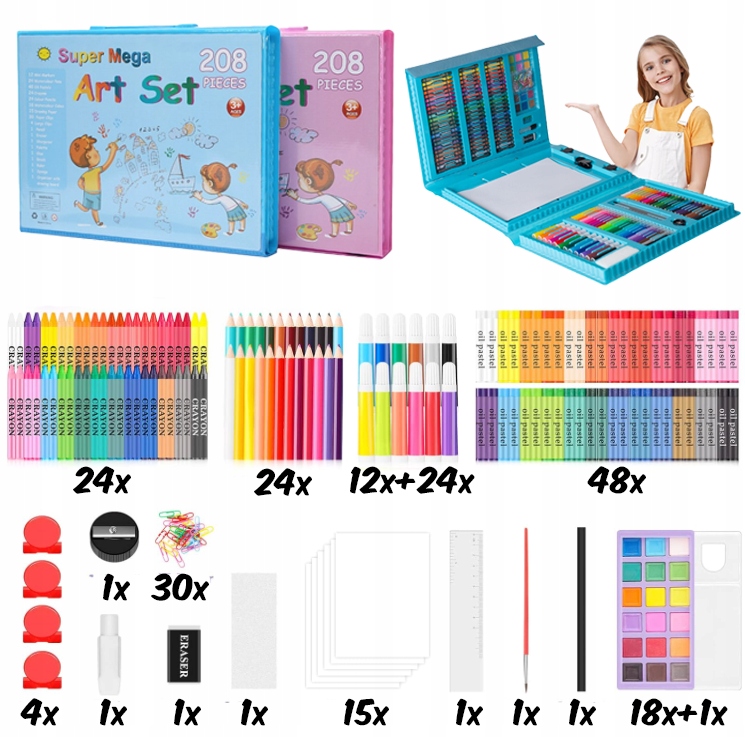 ZESTAW ARTYSTYCZNY DO RYSOWANIA 208 ELEMENTÓW DLA DZIECKA TABLICA + WALIZKA Marka bez marki