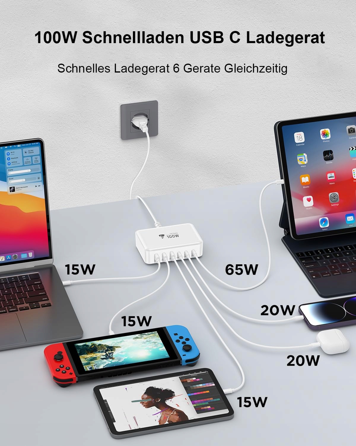 Aione USB C ŁADOWARKA 100W 6-Port do iPhone iPad MacBook — miniatura 3