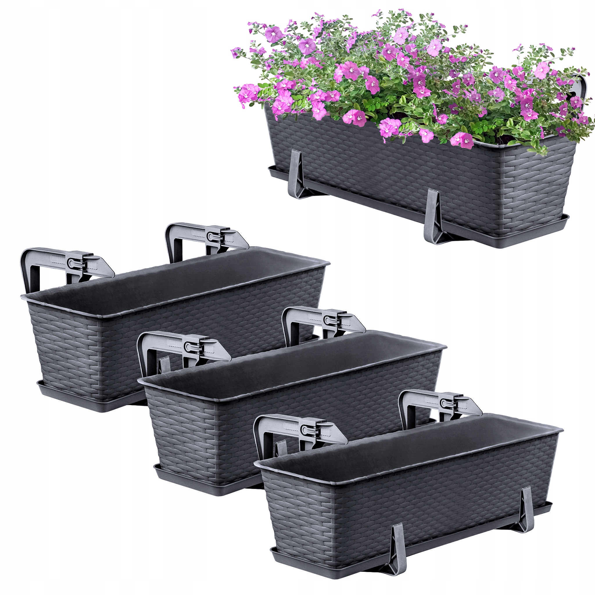 3 x Skrzynka Balkonowa Doniczka Donica 60cm Z Uchwytami Zestaw Grafit