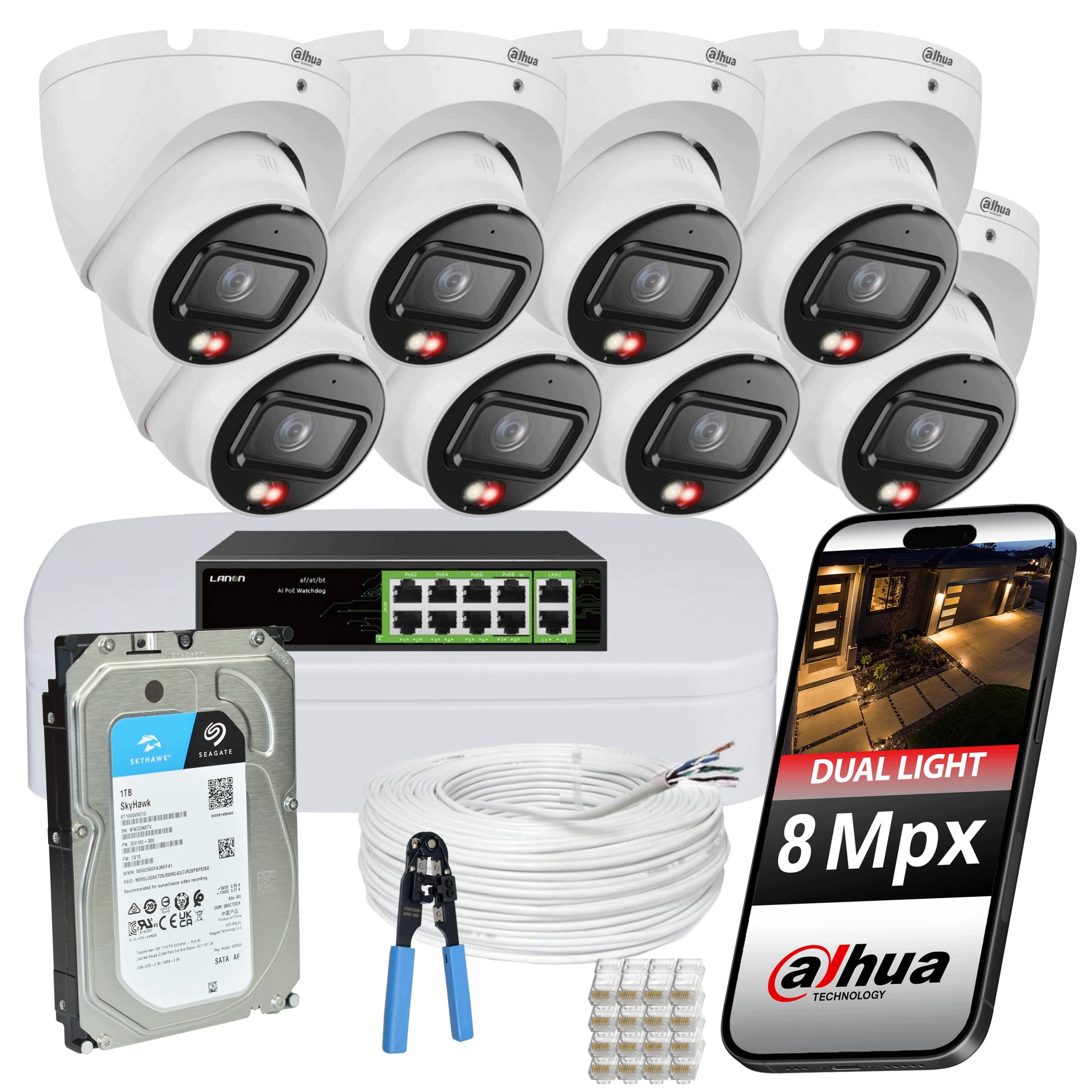 Sada kamer pro monitorování Dahua 8 kopulovitých kamer 8Mpx Ip PoE disk 1TB