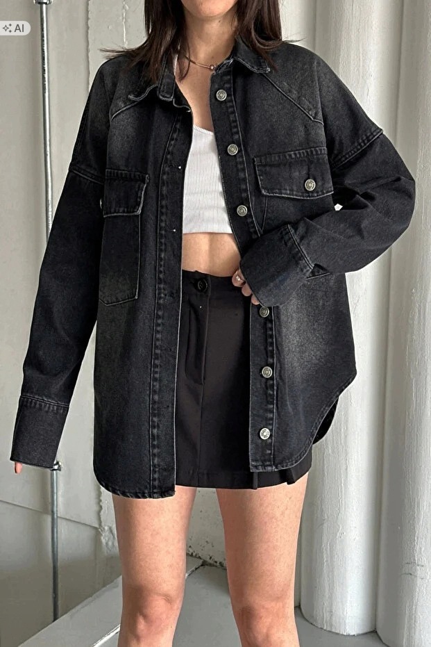 Volná Černá Džínová Košile S Oversize Knoflíky Xs 5IA
