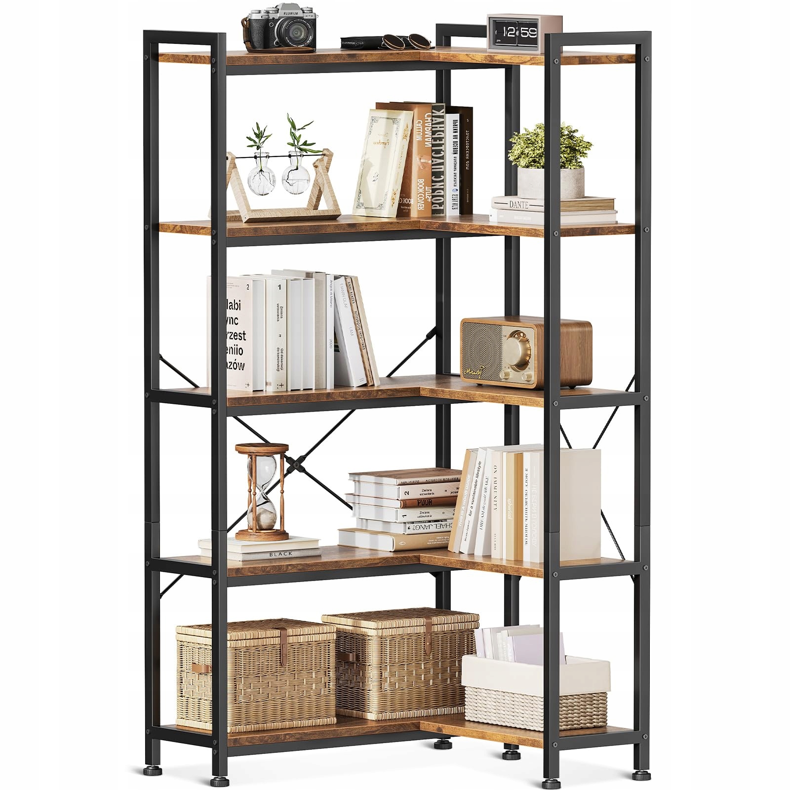 Rohová Regál v tvare L, industriálna, Loft hnedá, 145 cm, Library