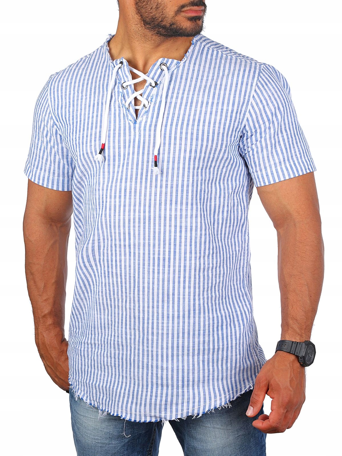 

Przewiewna Koszula Na Lato Lniana Len Paski - L