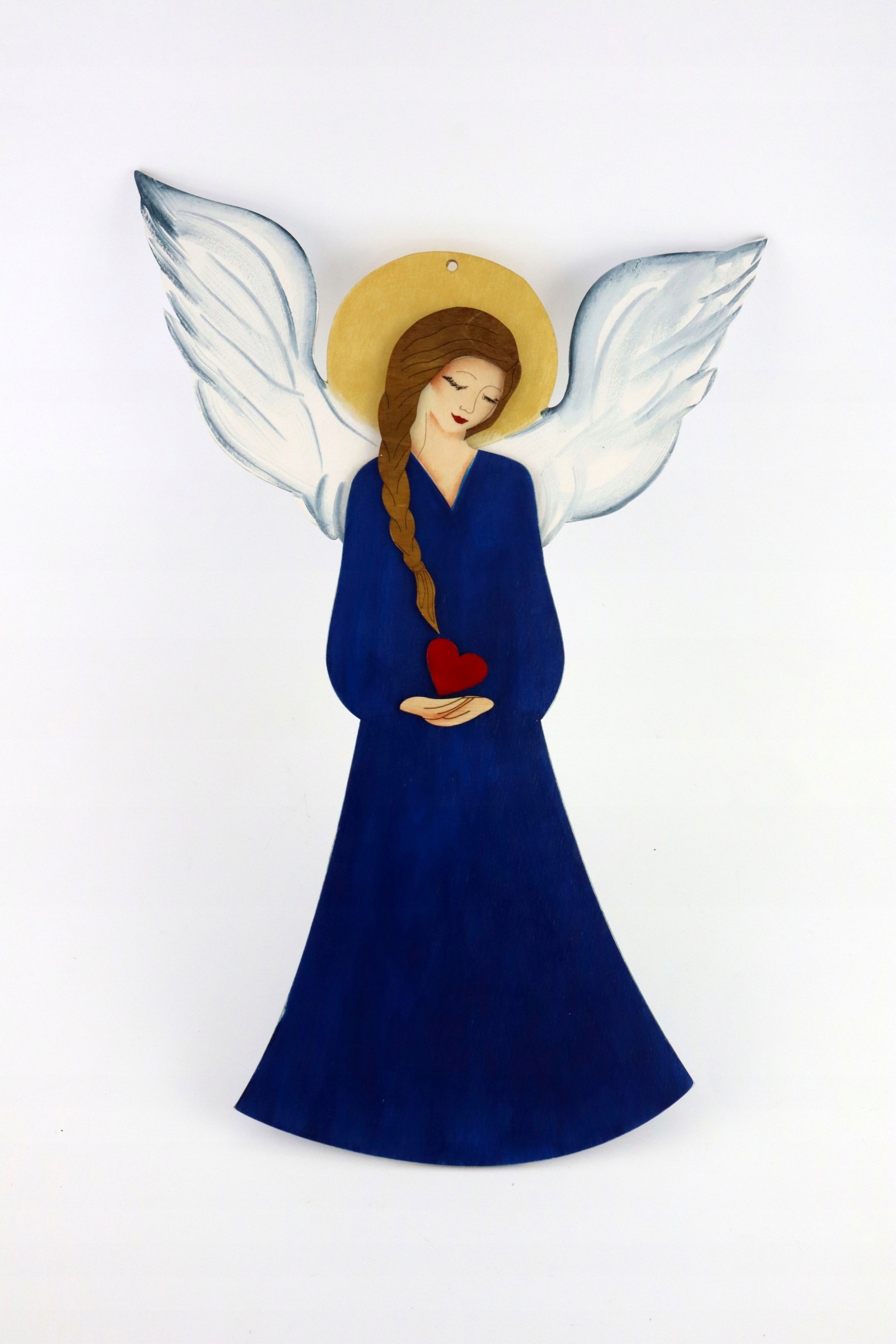 Dřevěný velký safírový anděl srdíčkem. Ozdoba