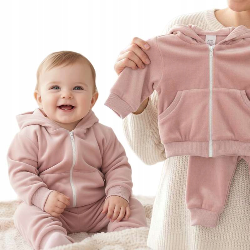 Dres niemowlęcy Welurowy komplet Bluza z kapturem Spodnie różowy roz. 80