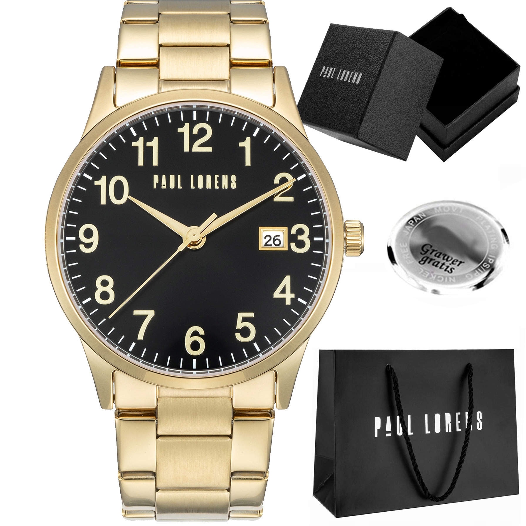 Pánské hodinky Paul Lorens Pablo ocelové s datumovkou a číslicemi Gravírování