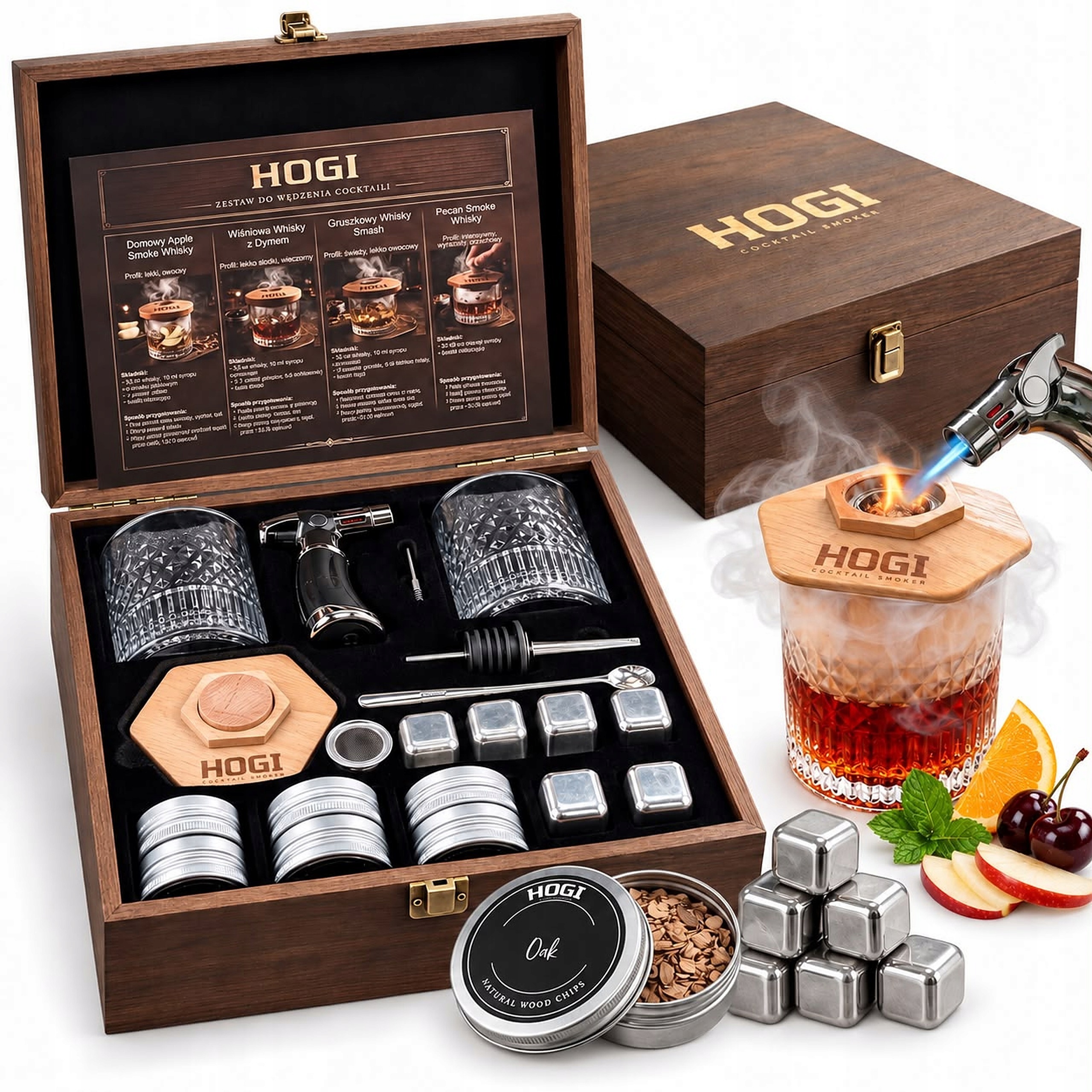 Sada na uzení whisky XXL Hořák Dřevěná krabička 2 Sklenice 6 Příchutí