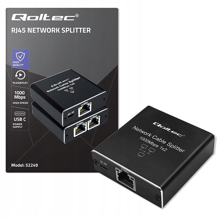 Qoltec Rozdzielacz Splitter mini SWITCH 1x2 port RJ45 | 1000Mbps | USB-C| Aluminium