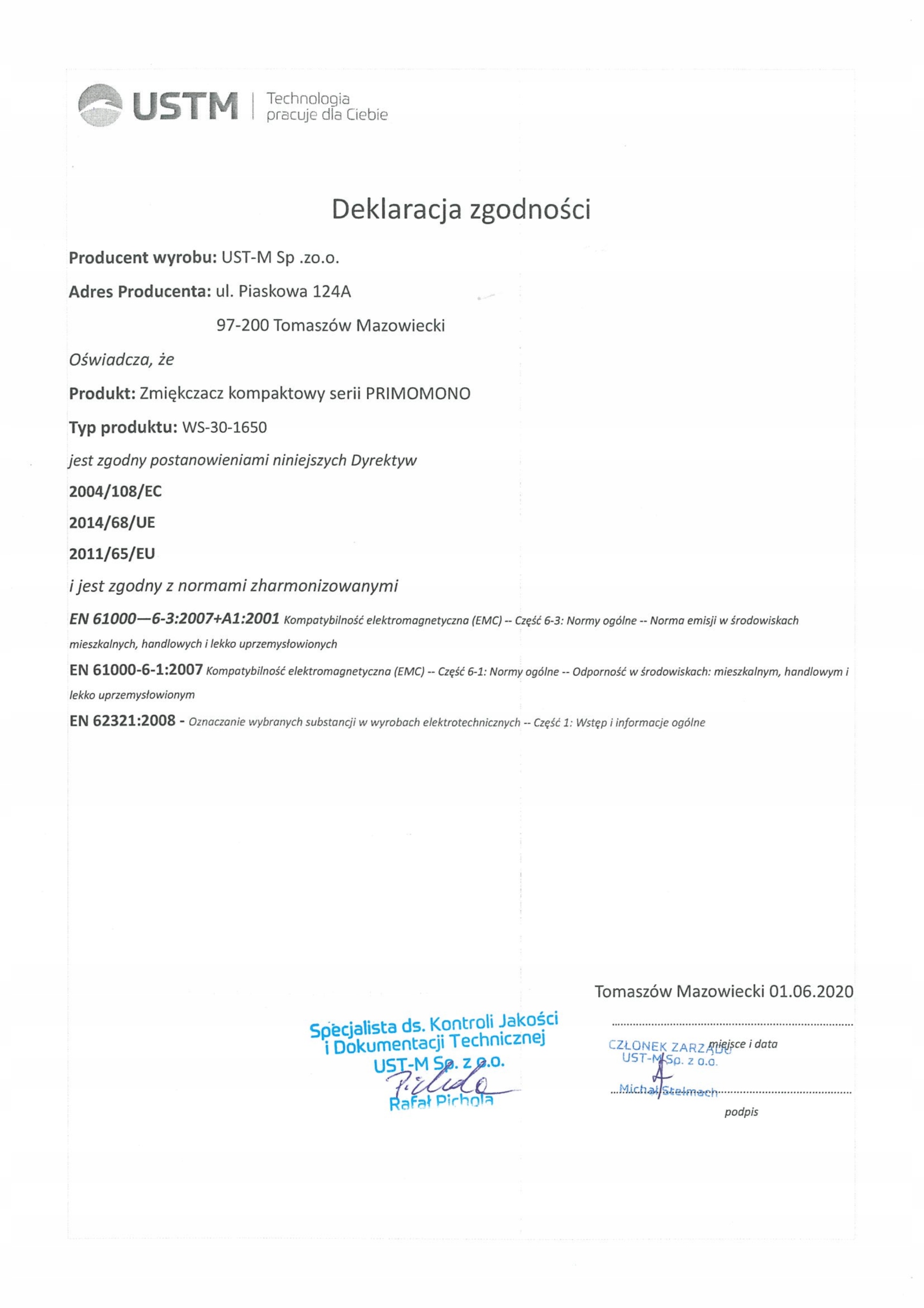 USTM PRIMO NO 30 ZMIĘKCZACZ STACJA UZDATNIANIA WODY UZDATNIACZ MONOSFERYCZN Model USTM