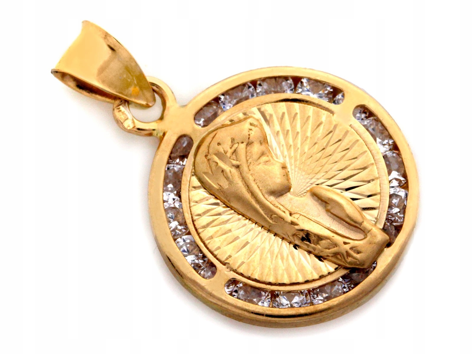 Zlatý medailonek kulatý 585 Matka Boží profil s Bílými zirkony 1.46 g