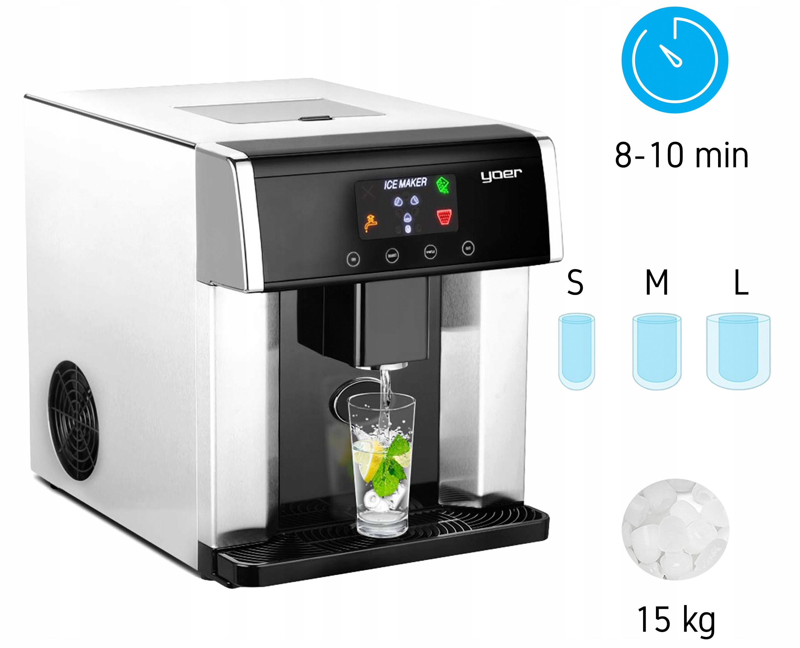 2w1 Kostkarka do lodu Dystrybutor wody 15kg/24h Yoer 150W +Kostki S/M/L Model Everest